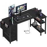 Lufeiya L Shaped Gaming Desk with Drawers &amp; Storage Shelves, 55 Inch Corner Computer Desk with Power Outlet for Home Office Bedroom, L-Shaped Teen PC Desks with Fabric Drawer, Black