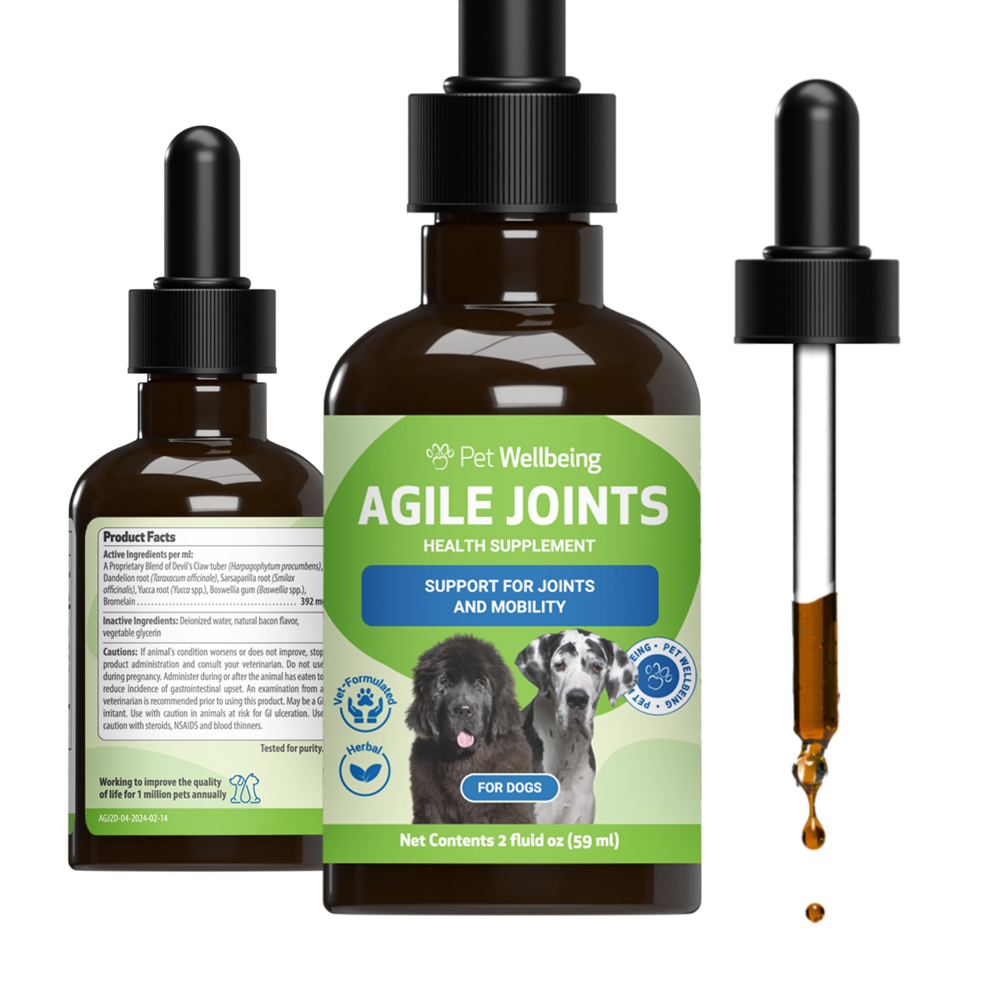 Pet Wellbeing Agile Joints for Dogs - Hip and Joint Health, Mobility, Joint Ligament and Cartilage, Devil’s Claw, Boswellia - Veterinarian-Formulated Herbal Supplement 2 oz (59 ml)
