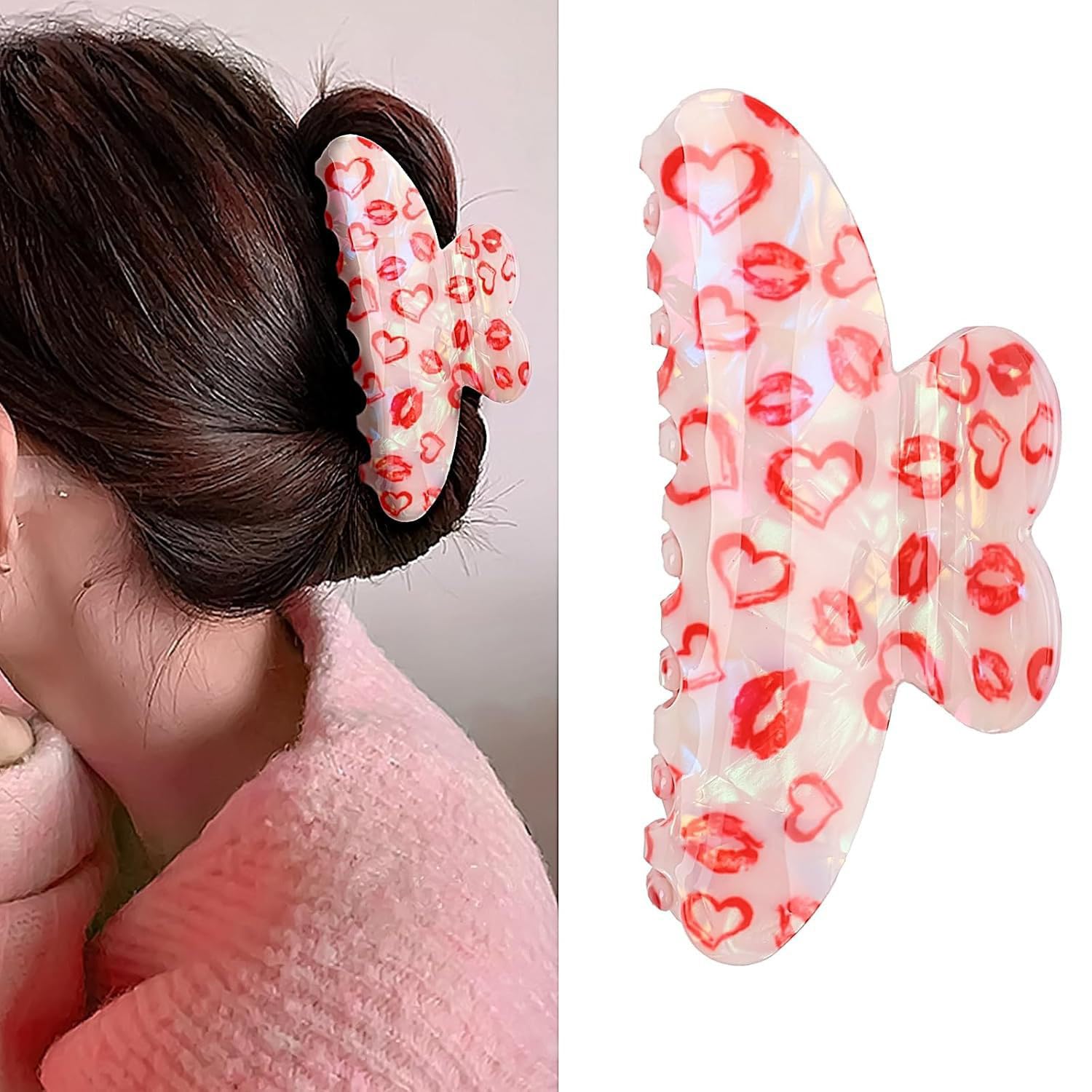Photo 1 of 1Pcs Valentine's Day Romantic Red Hearts Lips Print Claw Clips Acrylic White Laser Design Hair Clips Valentines Heart Hair Accessories for Women Thin Thick Hair Decor Supplies