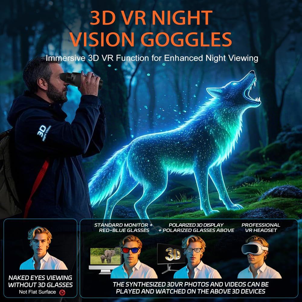 3D VR Night Vision Goggles with Electronic Compass, Rechargeable Binoculars Featuring 6X Digital Zoom, 150-Inch Screen Equivalent, Dual-Lens Diopter Adjustment