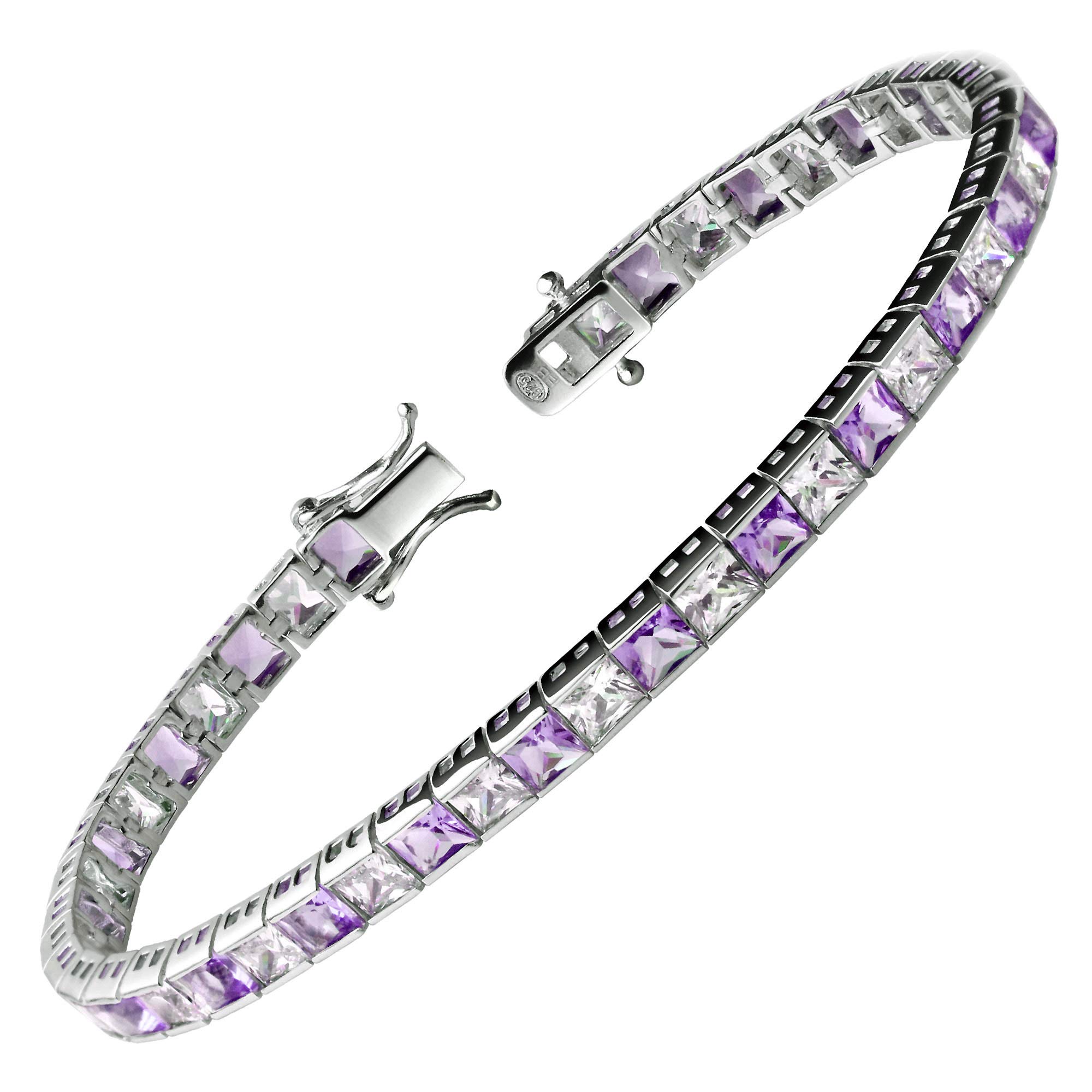 Franki Baker Sterling Silver Amethyst & Clear CZ Gemstone Tennis Bracelet. Lenght:19cm