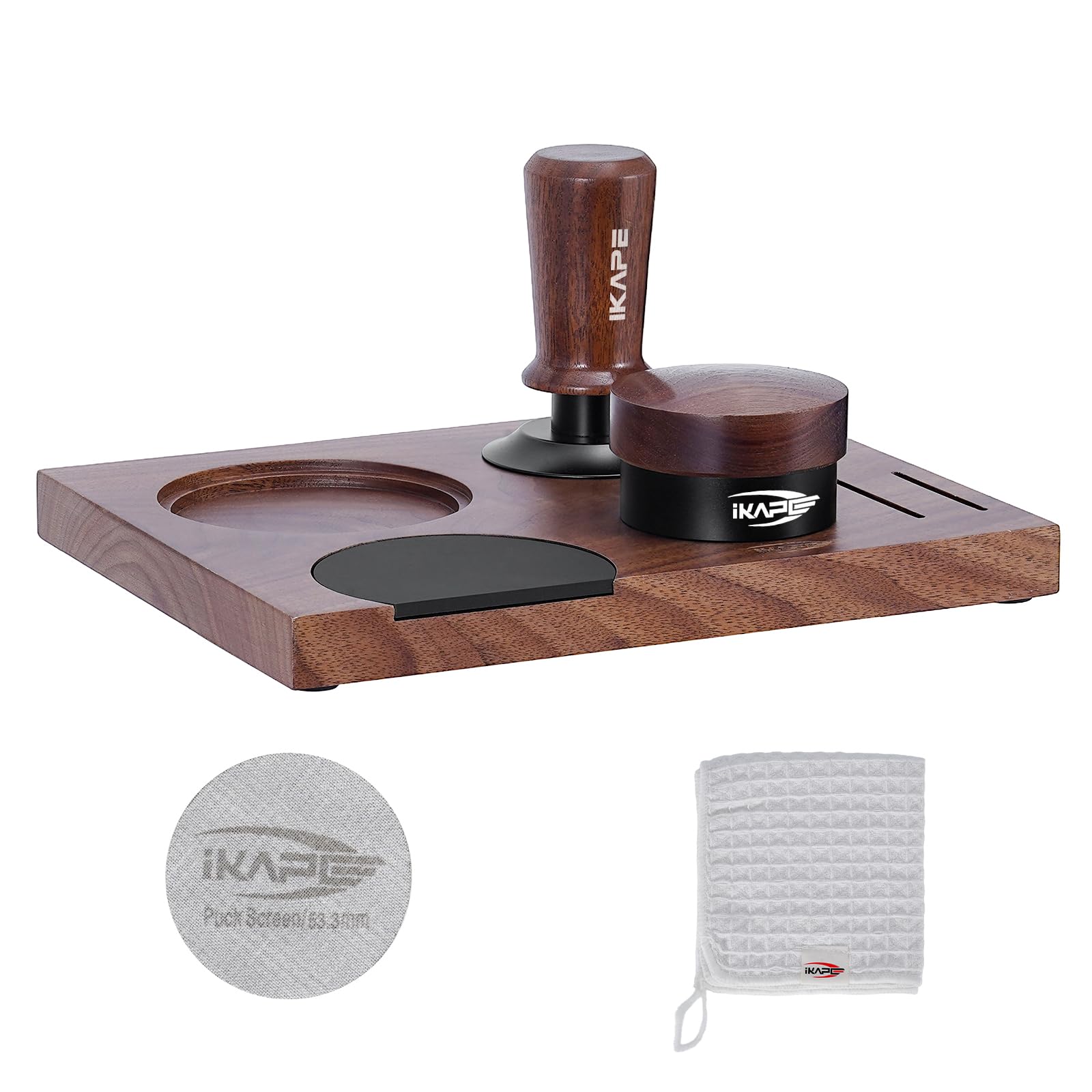 Photo 1 of IKAPE 53MM Espresso Tamper Kit 5 IN 1, Wooden Coffee Tamper Set, Coffee Tamper, Distributor, Coffee Base, Puck Screen, Cleaning Towel - Essential for Baristas, Crafted from Durable Walnut Wood