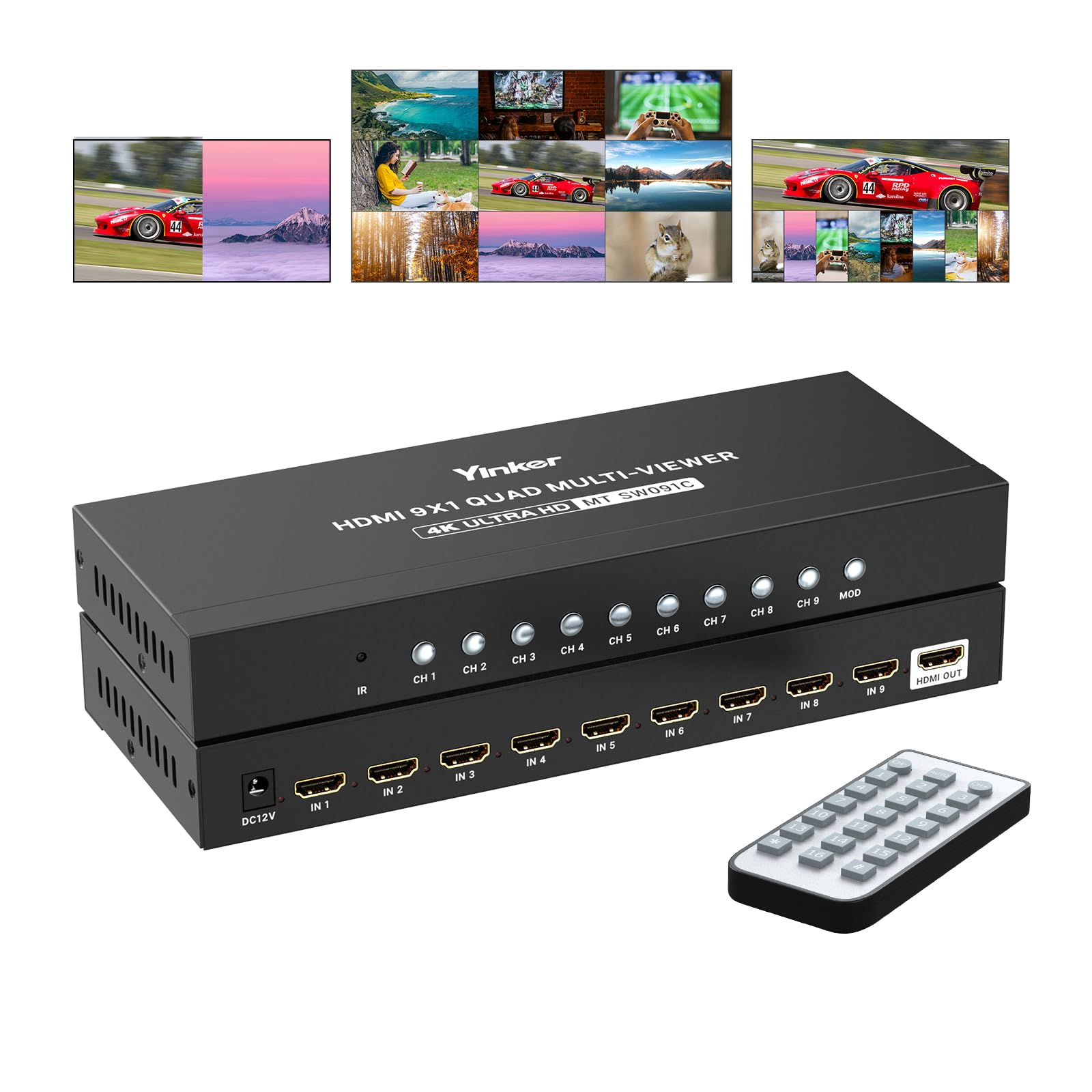 Yinker 4K HDMI Multiviewer 9x1, 9-Screen HDMI Splitter Seamless Switcher 9 in 1 Out with IR Remote, Multiple Modes, 4K@30Hz, HDMI 1.4 & HDCP 1.4 for PS5 Xbox TV Monitor Projector
