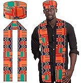 Chicingyou 2 Pcs African Kente Stole Kufi Hat Kente Sash Scarf Clothing Accessories for Black History Month Kwanzaa Gifts