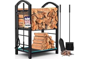 AMAGABELI GARDEN & HOME Firewood Rack Indoor with Tools 5-Piece Fireplace Tools Set Wood Holder Outdoor Wrought Iron Log Holder Heavy Duty Firewood Storage Rack for Fireplace,Fire Pit,Wood Stove Black