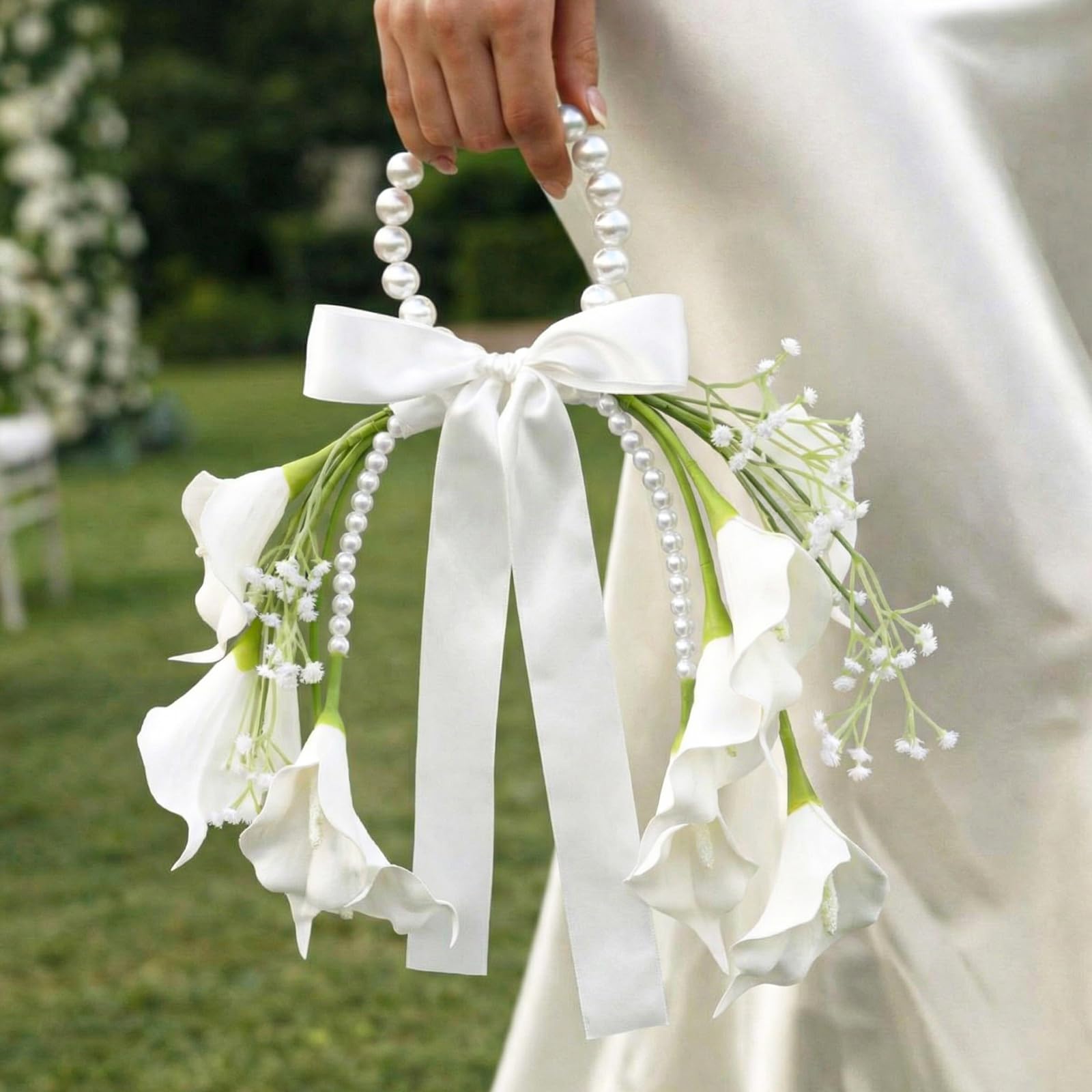 Photo 1 of Novabright White Rose Bridal Bouquet with Pearl Handle, Bridal Pearly Bouquet with Flowers with Pearl Bead for Wedding Party Church Bridesmaid(Calla Lily)