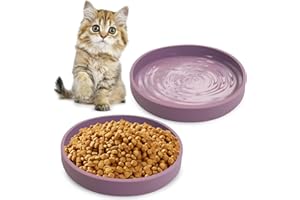 Apatal Silicone Cat Food Bowls Shallow Cat Dishes 5.9in Wide Pet Plates Set of 2 Small Flat Dog Saucer Bowl Cute Whisker Fatigue Kitten Feeding Dish for Dry & Wet Food (Round Purple)