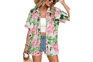 CHICALLURE Womens Hawaiian Shirts Summer Floral Print Shirt Short Sleeve Tropical Tops Casual Button Down Blouse