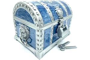 TRUEWON Vintage Metal Jewelry Chest Treasure Trinket Box, Gem Storage Tray Ring Earrings Necklace Keepsake Gift Holder Case Bag for Girls Ladies Women (Large Tin Blue Empty)