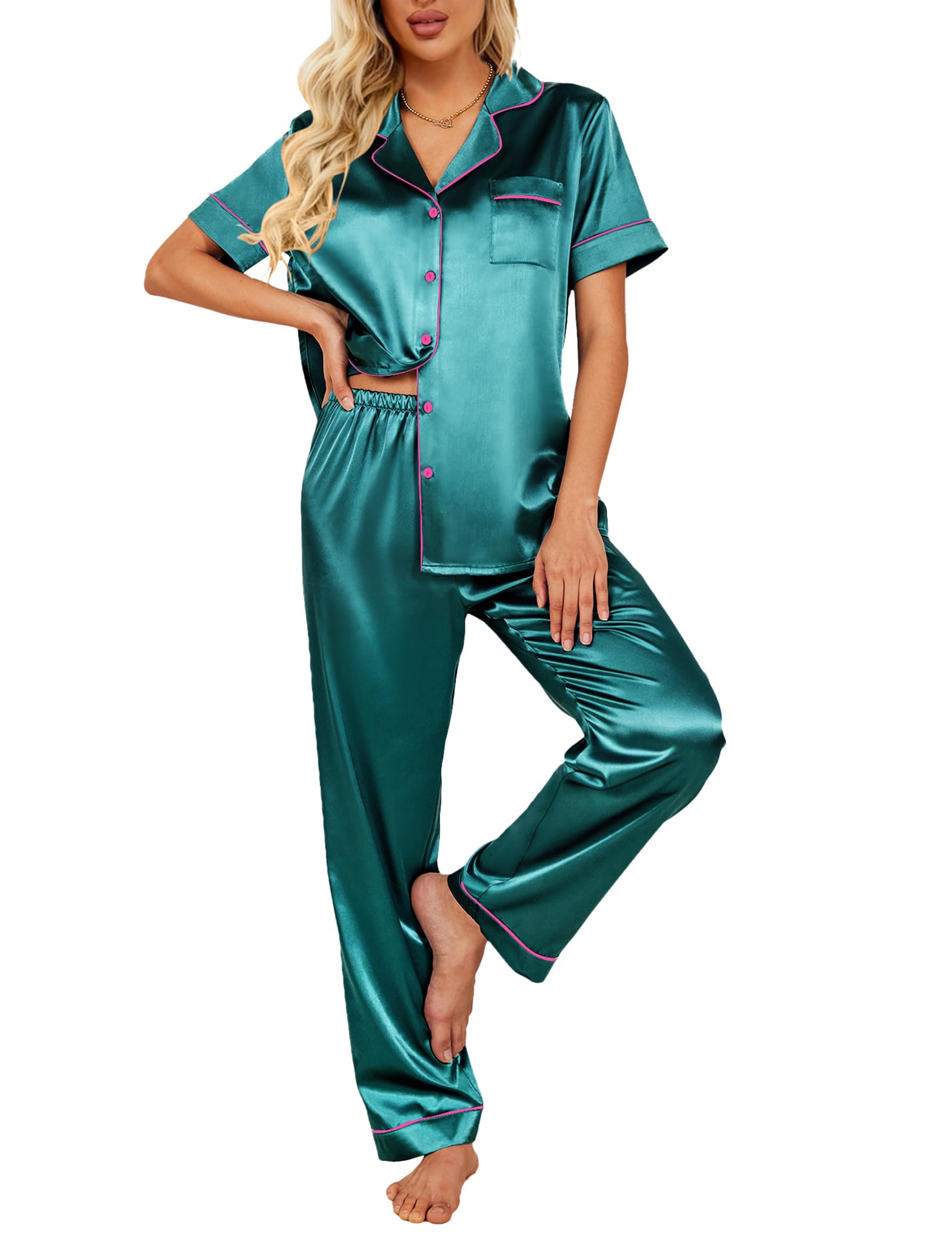 Ekouaer Silk Satin Pajamas Set Women Short Sleeve Sleepwear Soft Button Down Loungewear Pjs Set Green Pink Image