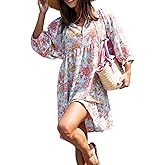 miduo Womens Casual V Neck Summer Half Sleeve Bohemian Floral Mini Tunic Short Dresses