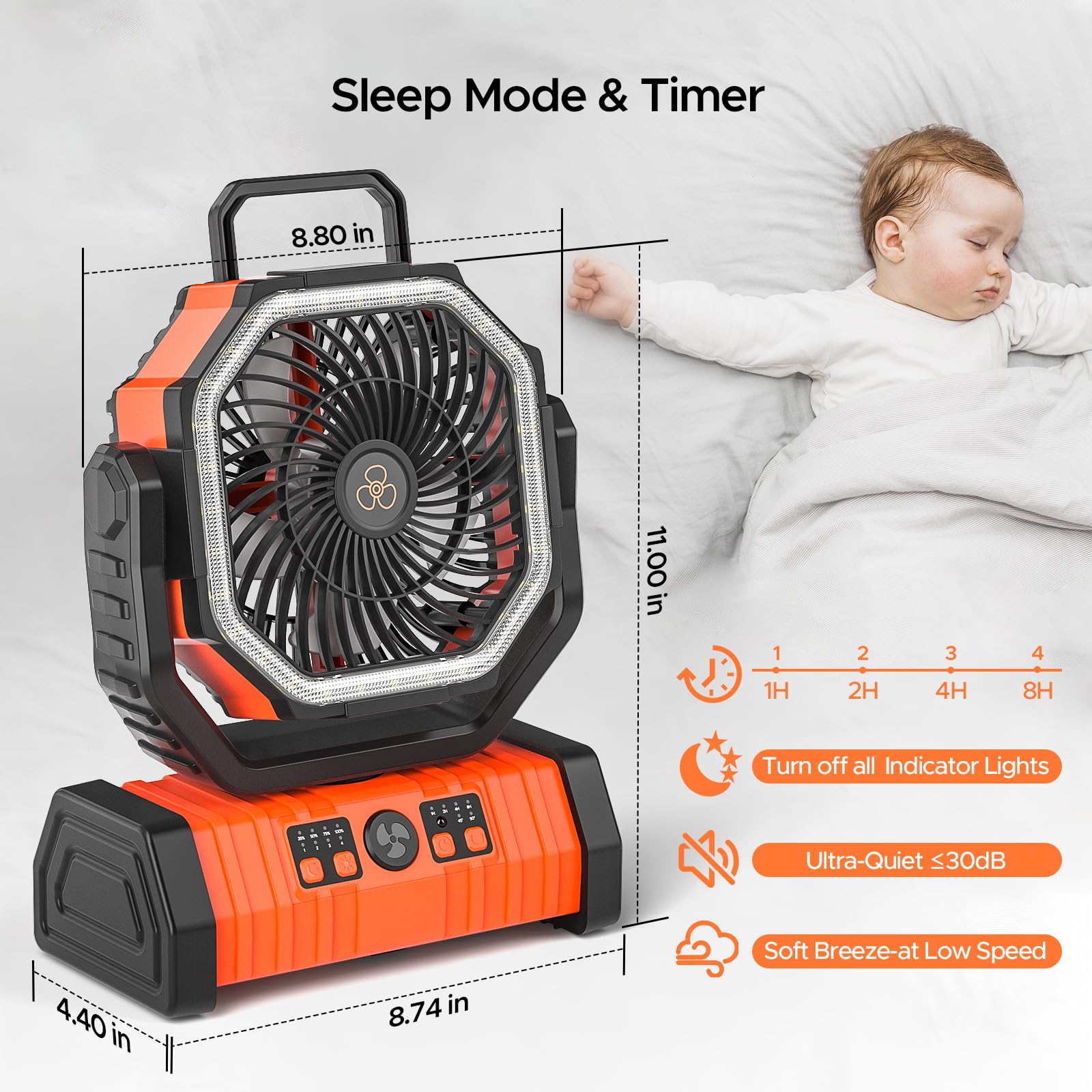 Rechargeable Camping Fan with LED Lantern, 20000mAh Auto-Oscillating Battery Operated with Remote/Hook/Timer, 8” Portable Fan for Picnic, Fishing,Tent, RV, Power Outages, Hurricane(Orange)