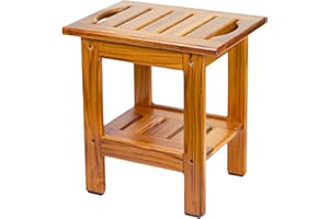 Utoplike Teak Shower Bench, Compact Shower Stool with Shelf & Handle, 2-Tier Small Wooden Bath Seat with Non-Slip Feet for Bathroom, Bathtub, or Outdoor Use