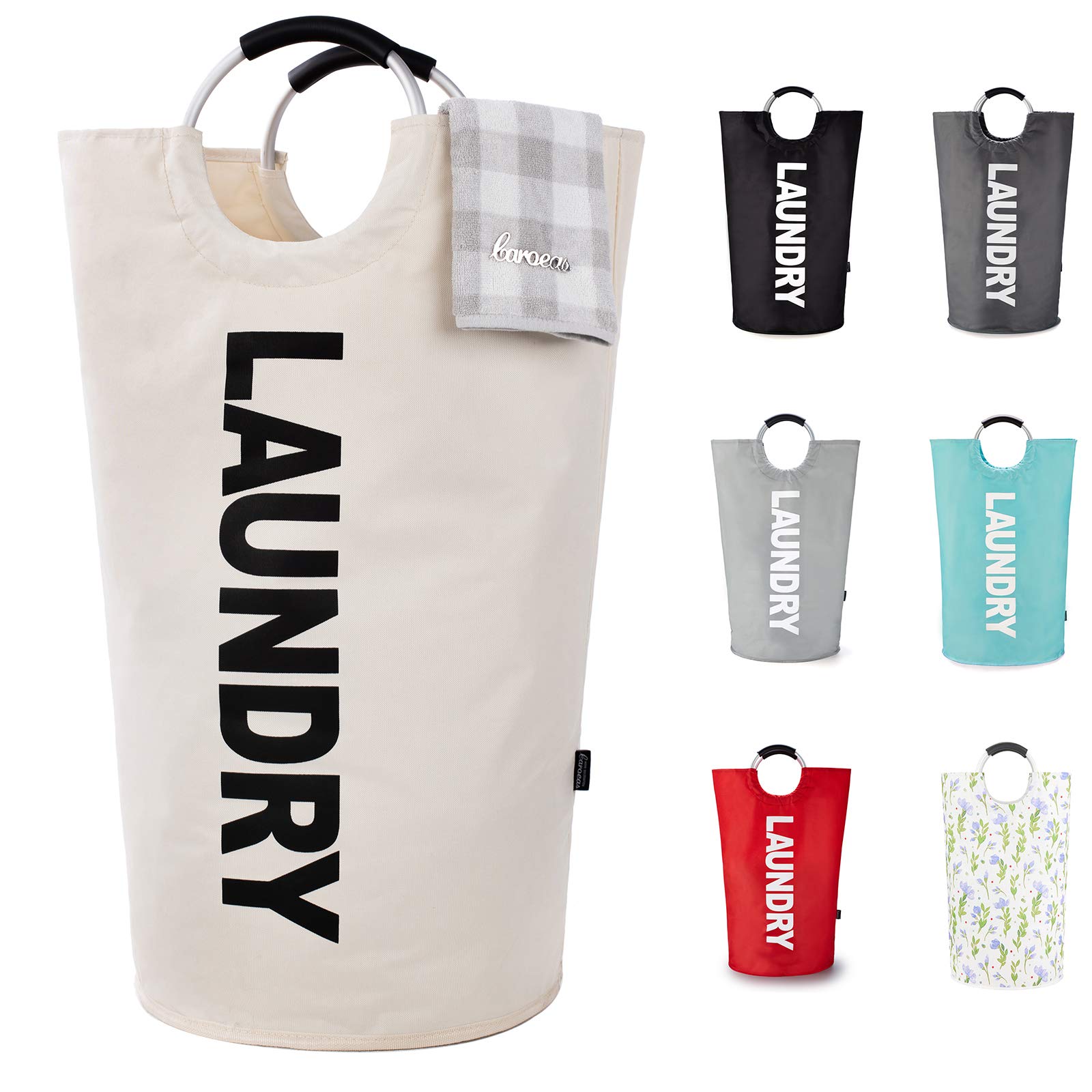 Caroeas 100L Laundry Basket,Large Laundry Hamper, Laundry Bag with Padded Handles, Clothes Hamper Stands Up Well, Collapsible Free Standing Easy Storage Washing Bin (Beige,100L)