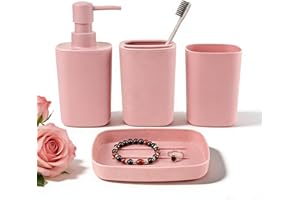 4 Piece Bathroom Accessories Set, Plastic Bathroom Accessory Set- Square Toothbrush Holder Set, Soap Dispenser, Toothbrush Ho