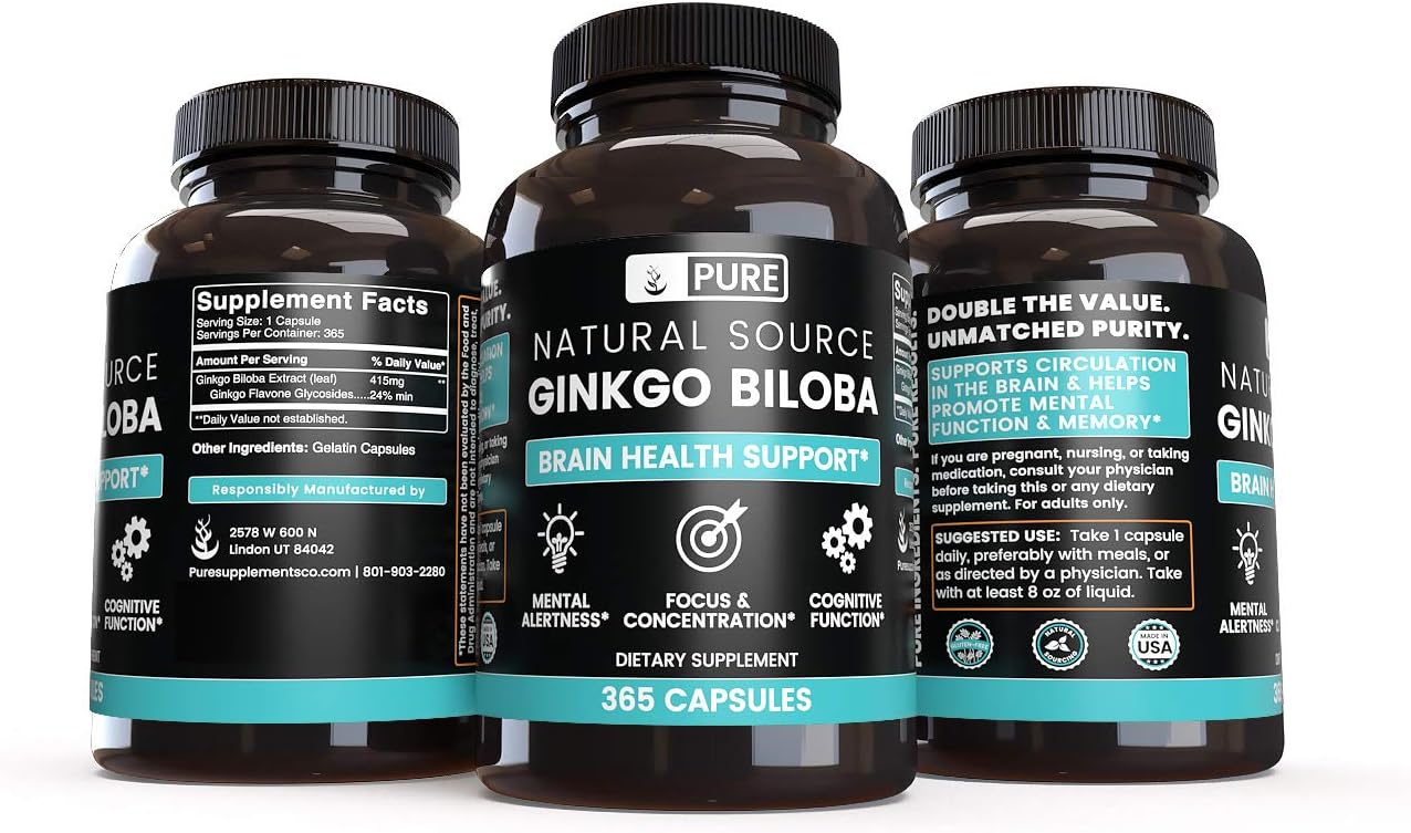 Natural Source Ginkgo Biloba, 365 Capsules, 1-Year Supply, No Magnesium or Rice Fillers, Gluten-Free, Made in The USA, Potent, 24% Standardized Ginkgo Flavone Glycosides Extract: Health & Personal Care