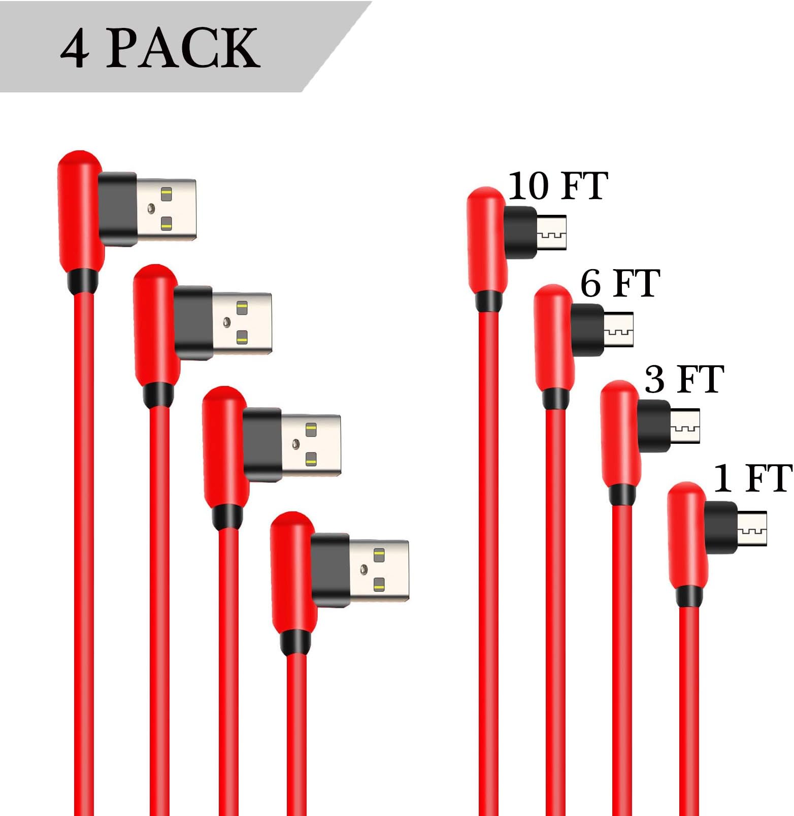 SCGK Right Angle Micro USB Cable,4 Pack(0.3M 0.9M 1.8M 3M) Android 90 Degree Design Micro Charger Cord for Samsung Galaxy S6 S7,Nexus,HTC,LG Micro USB Port Smartphone and More Devices