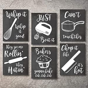 Home Decor Funny Gift 6 Kitchen Wall Art Prints Kitchenware with Sayings Unframed Farmhouse Home Office organization Signs Bar Accessories Decorations sets white house Deco Kitchen Decor (5"x7")