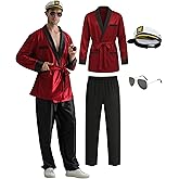 Oerinkend 5PCS Red Silk Robe & Black Pants Set with Captain Hat & Glasses – Halloween Costume Accessories for Adults