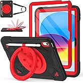Hogenl for iPad A16 Case 11th Generation 11 inch 2025 /iPad 10th Generation Case for Kids 10.9" 2022 with Screen Protector/ 360° Rotating Stand/Shoulder Strap/Pencil Holder Rugged Cover (Black Red)