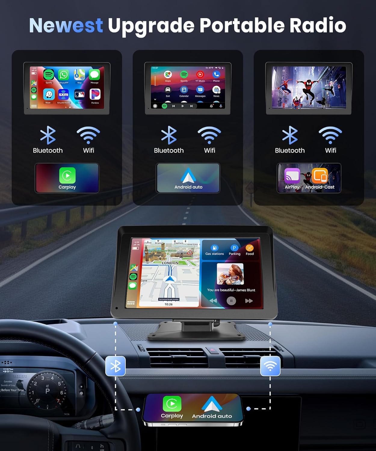 podofo Portable Car Stereo Wireless Carplay Android Auto,7 Inch Touch Screen Car Radio with Bluetooth Hands-Free/Mirror Link/Maps Navigation/Voice Control/TF Card/AUX,for Cars, Trucks, SUVs