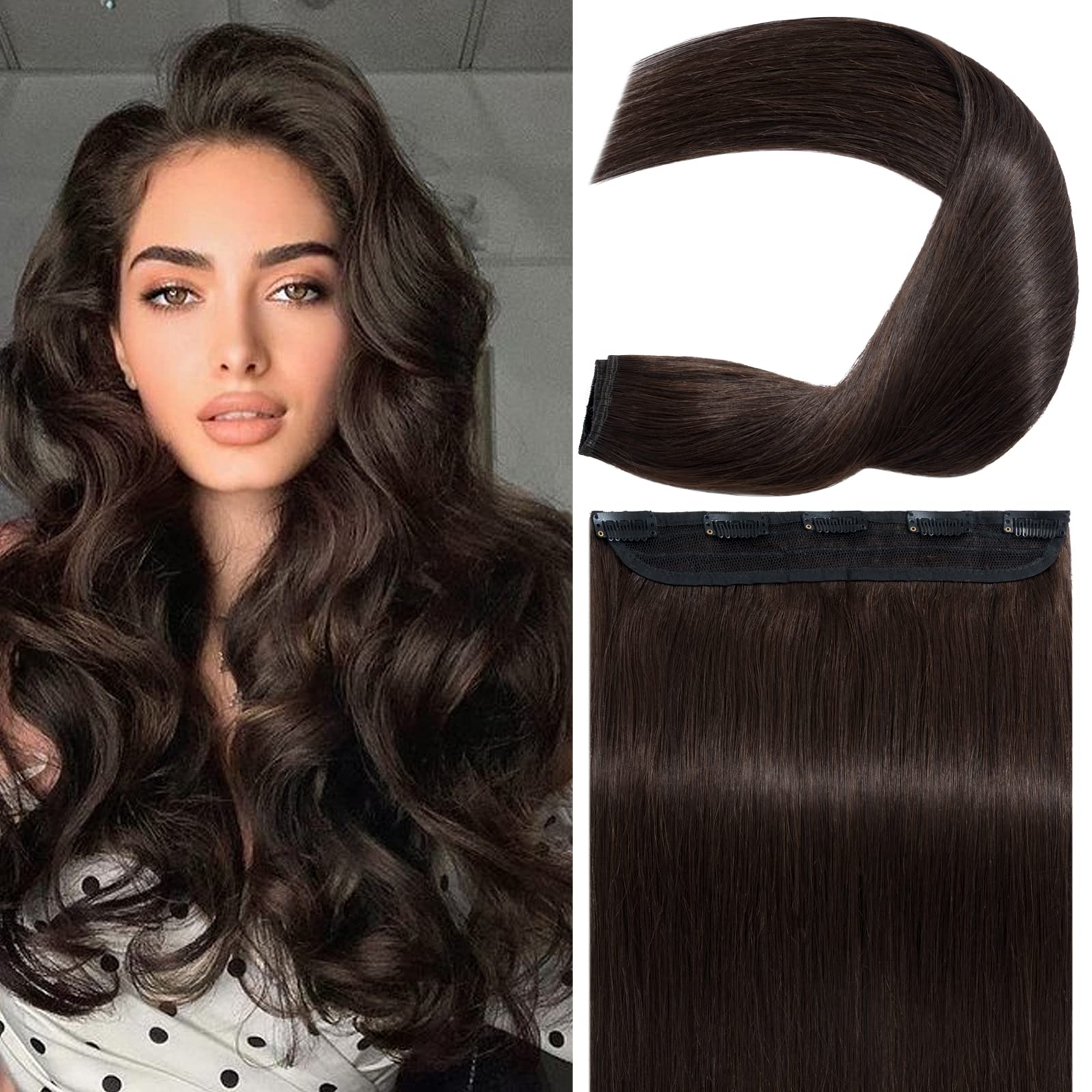 Photo 1 of S-noilite One Piece Clip in Hair Extensions - 100% Remy Human Hair, 3/4 Full Head, 5 Clips, Standard Weft, #02 Dark Brown, 22" - 55g