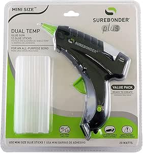 Surebonder Mini Hot Glue Gun With Dual Temperature, Includes 12 Glue Sticks, 20W, 120V, Bond a Variety of Materials Including Delicate Fabrics and Strong Woods &amp; Metals (Plus Series DT-200FKIT)