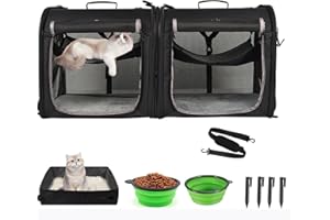 Wakytu Portable 2-in-1 Pet Carrier for Medium Dogs Large Cat Carrier for 2 Cats Travel Double Dog Crate Set with Portable Carry Bag/Hammocks/Mats/Tent Stakes/2 Pcs Pet Bowls for Outdoor Camping