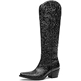 GPXGPX Womens Cowboy Boots Embossed Knee High Western Boots Pointed Toe Comfortable Chunky Heel Pull on Riding Cowgirl Boots