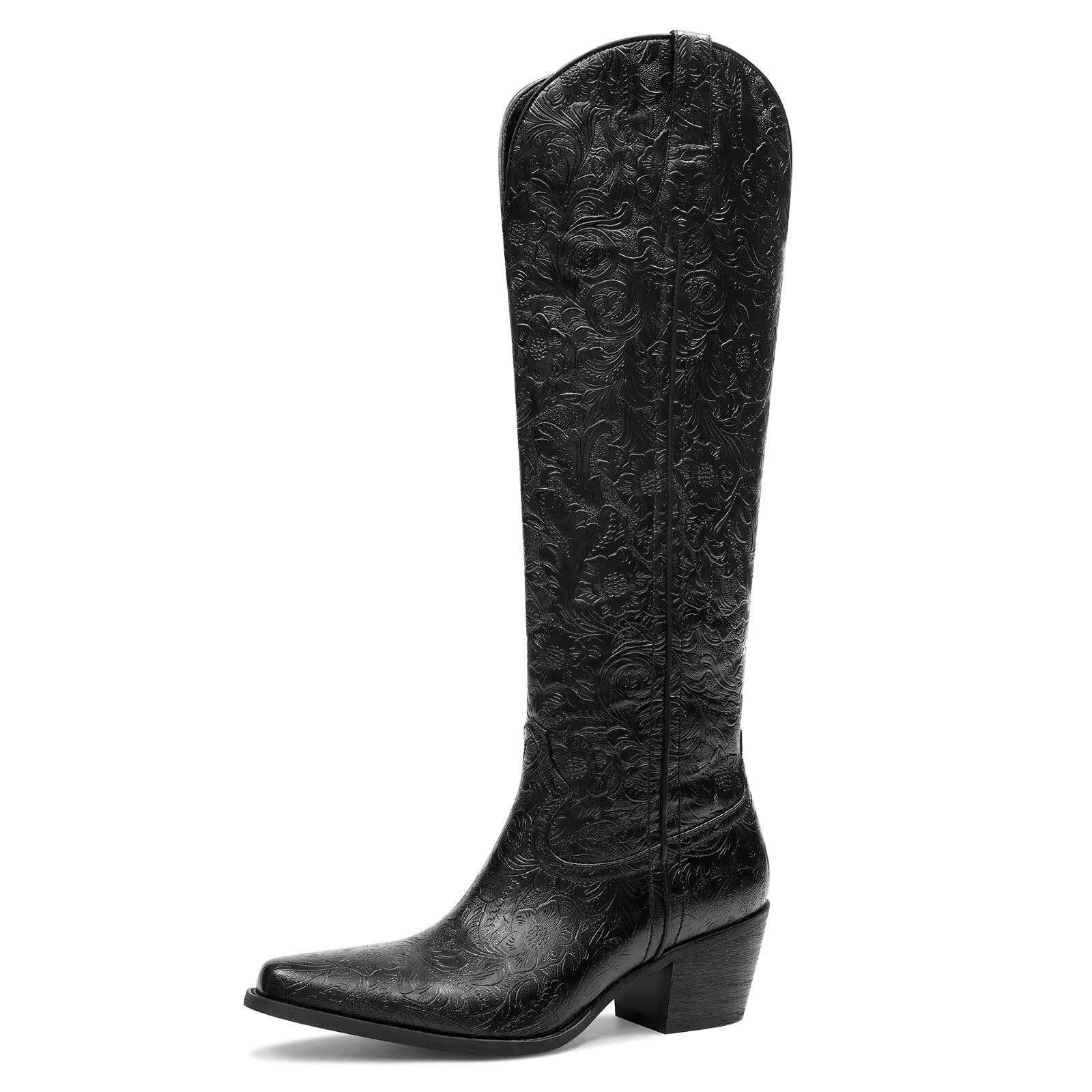 Photo 1 of GPXGPX Black Cowboy Boots for Women Pointed Toe Cowgirl Boots Embossed, Comfortable Chunky Heel Pull on Knee High Riding Boots 9.5