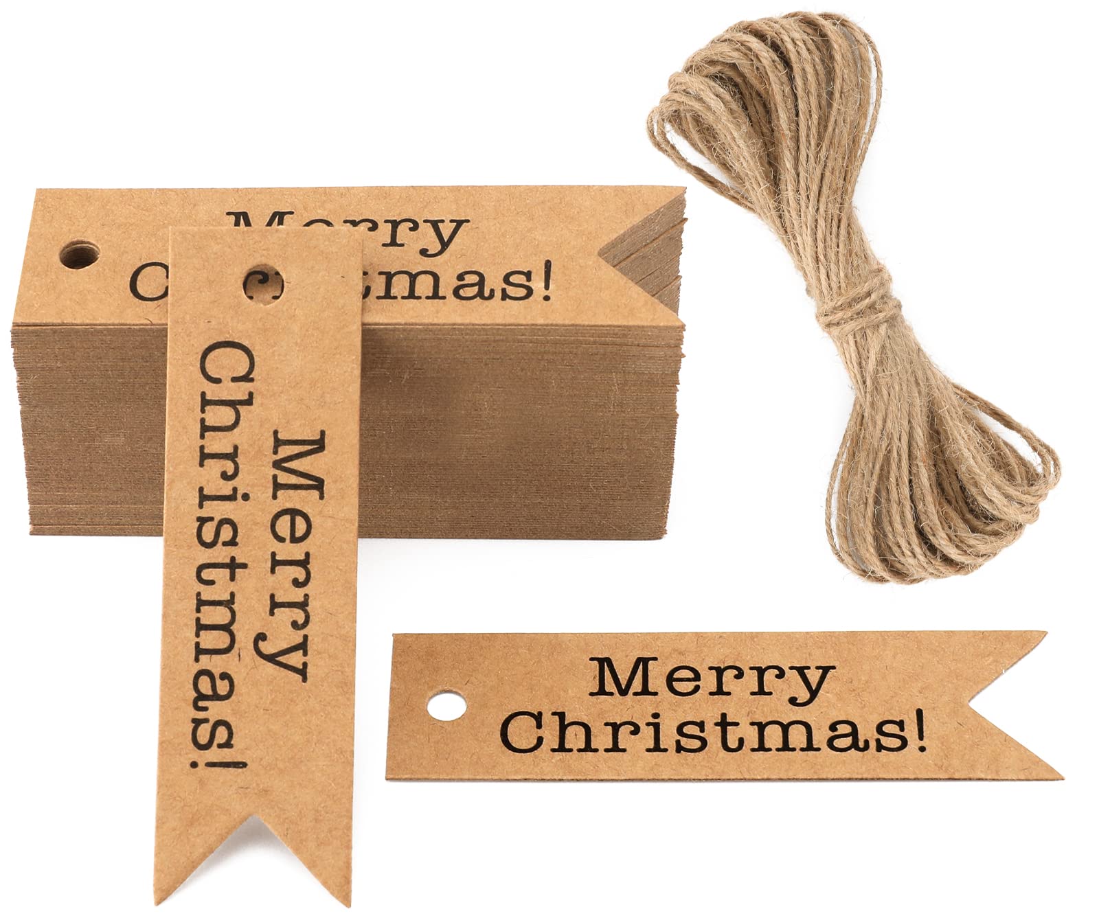G2PLUS Small Merry Christmas Tags, 100 PCS Brwon Christmas Lables for Pesents, 2 x7 cm Xmas Gift Tags with String for Gift Wrapping Decoration