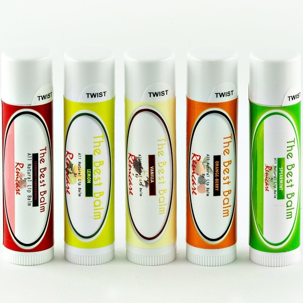 Cracked Lips - Dry Lips - Chapped Lips - All Natural Lip Balm - The Best Balm by Renicare - Pack of 5 - Cranberry-Pomegranate, Lemon, Orange-Berry, Spearmint, and Vanilla –