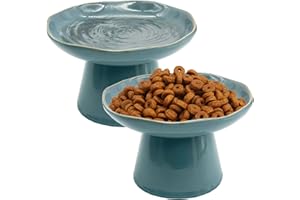 VCEPJH Elevated Cat Bowls 6.1in Shallow Cat Food Plate Pack of 2 Ceramic Raised Cats Dish Flat Anti Whisker Fatigue Wide Pet Food & Water Feeder for Indoor Kitty Kitten (Blue)