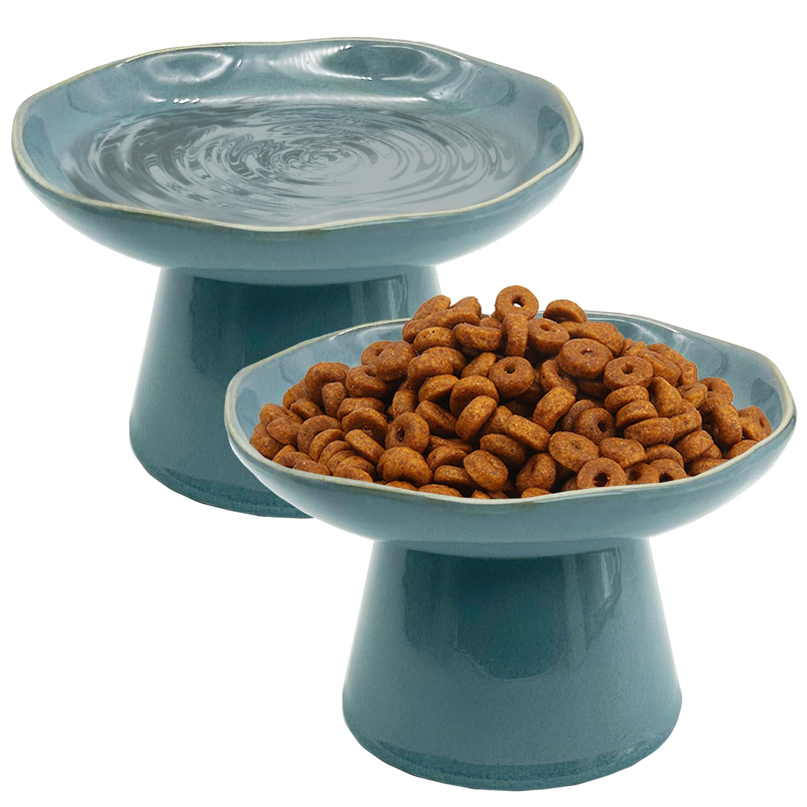 Photo 1 of VCEPJH Elevated Cat Bowls 6.1in Shallow Cat Food Plate Pack of 2 Ceramic Raised Cats Dish Flat Anti Whisker Fatigue Wide Pet Food & Water Feeder for Indoor Kitty Kitten (Blue)