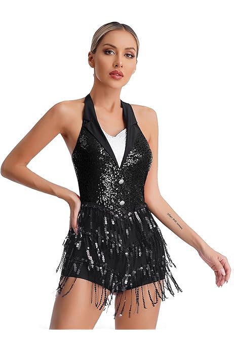 Drag Queen Outfit XUNZOO Womens Sequins Tassel Fringe Dress Latin