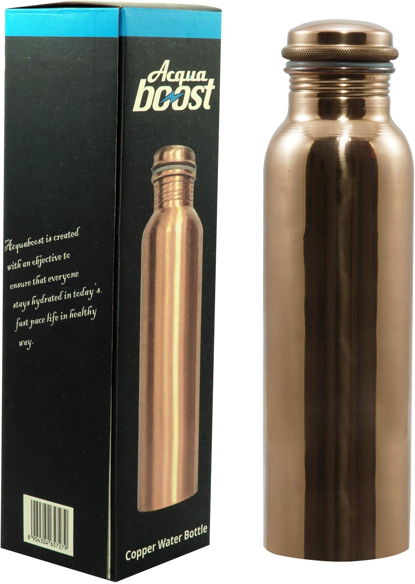 Acquaboost Pure Copper Water Bottle Plain - 1 Litre Set of 1, Handmade, Lacqour Coated, Leak-Proof and Seamless Design with Ayurvedic Health Benefits