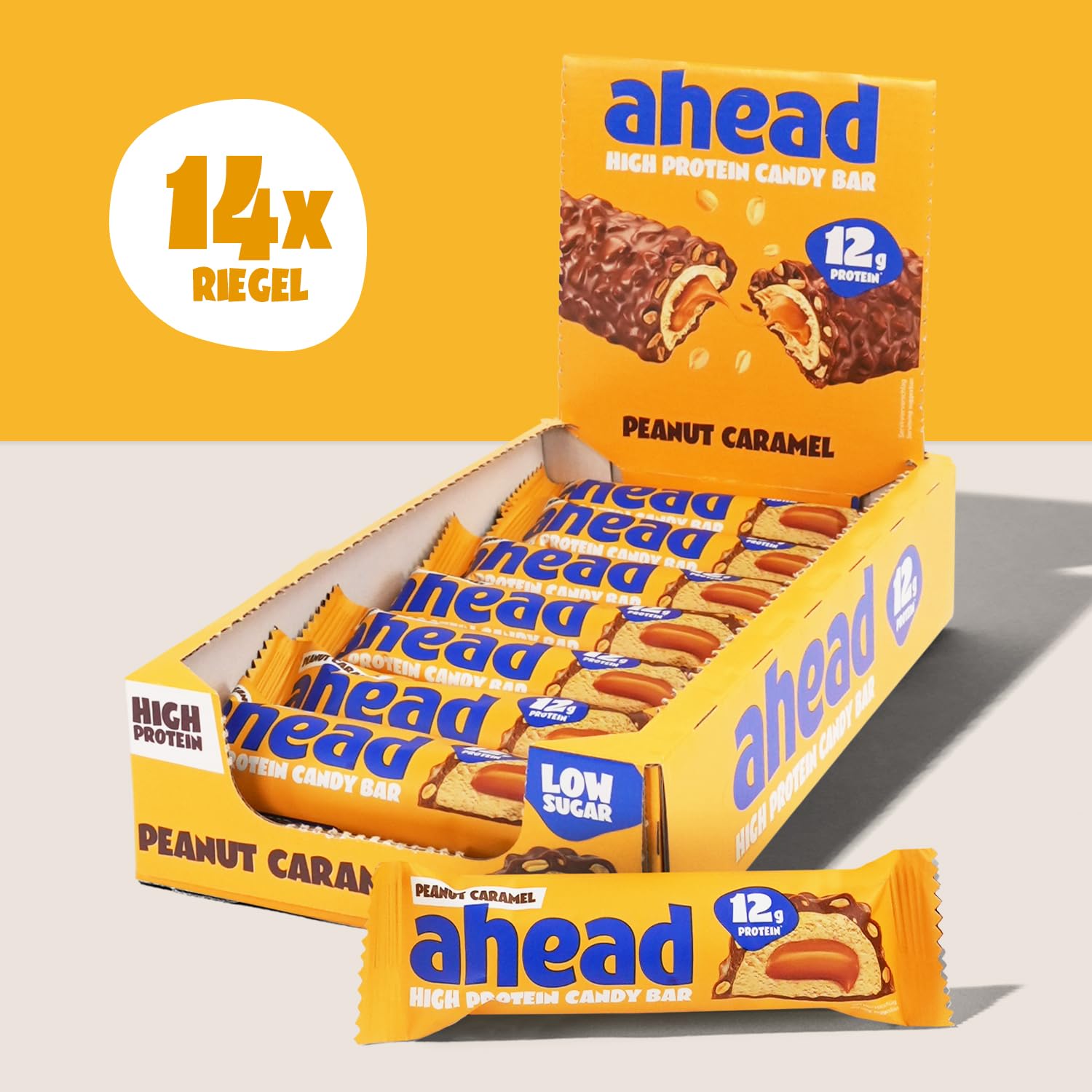 ahead Protein Riegel | Peanut Caramel | 14x 45g Extra softer Protein Riegel mit cremigem Kern | Low Carb Eiweißriegel ohne Zuckerzusatz & ohne Palmöl 3