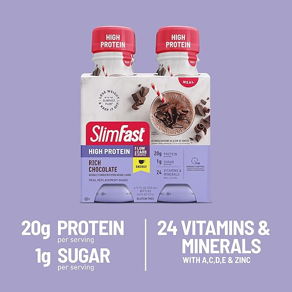 SLIMFAST ADVANCED ENERGY HIGH PROTEIN MEAL REPLACEMENT SHAKE, RICH CHOCOLATE, 20G OF READY TO DRINK PROTEIN WITH CAFFEINE, 11 FL. OZ BOTTLE, 4 COUNT (PACKAGING MAY VARY)