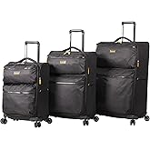 LUCAS Designer Luggage Collection - 3 Piece Softside Expandable Ultra Lightweight Spinner Suitcase Set - Travel Set includes 20 Inch Carry On, 24 Inch & 28 Inch Checked Suitcases (Black)