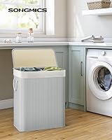 SONGMICS Bamboo Laundry Basket with Lid 2 Sorting Compartments 100L Grey view 2
