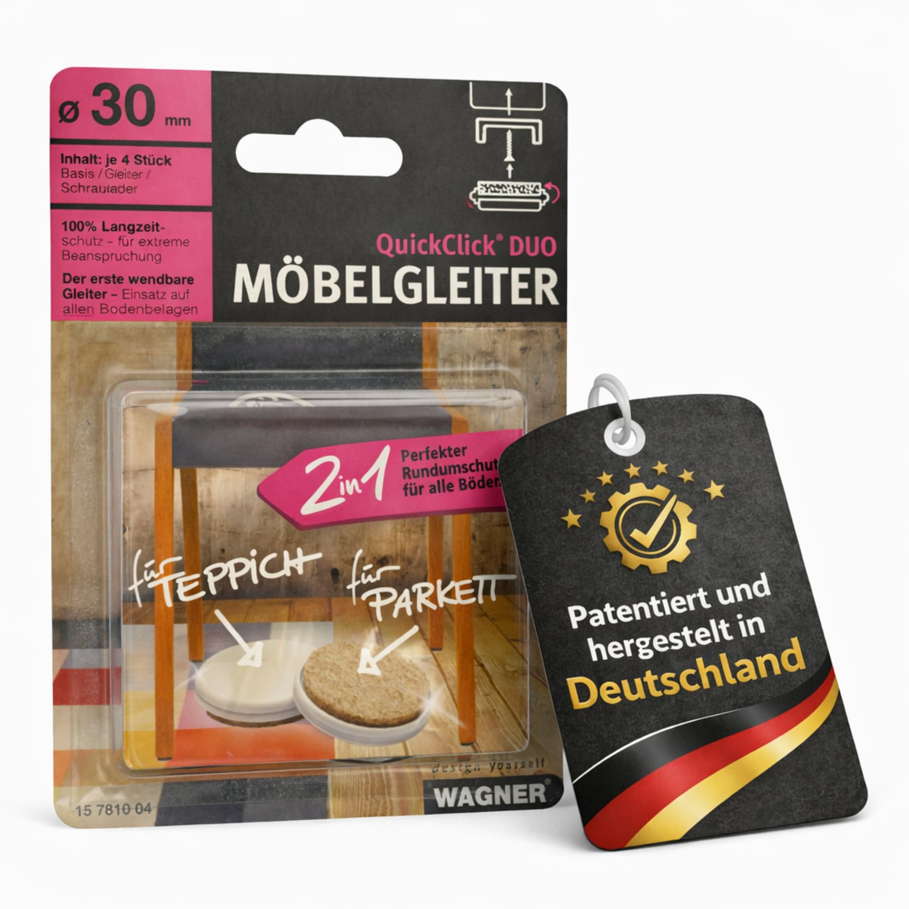 WAGNER QuickClick® Furniture glider set - DUO - reversible wool felt + plastic I 4x base + 4x reversible and replaceable insert - ULTRASOFT + HYPER - diameter Ø 30 mm - Made in Germany - 15781004