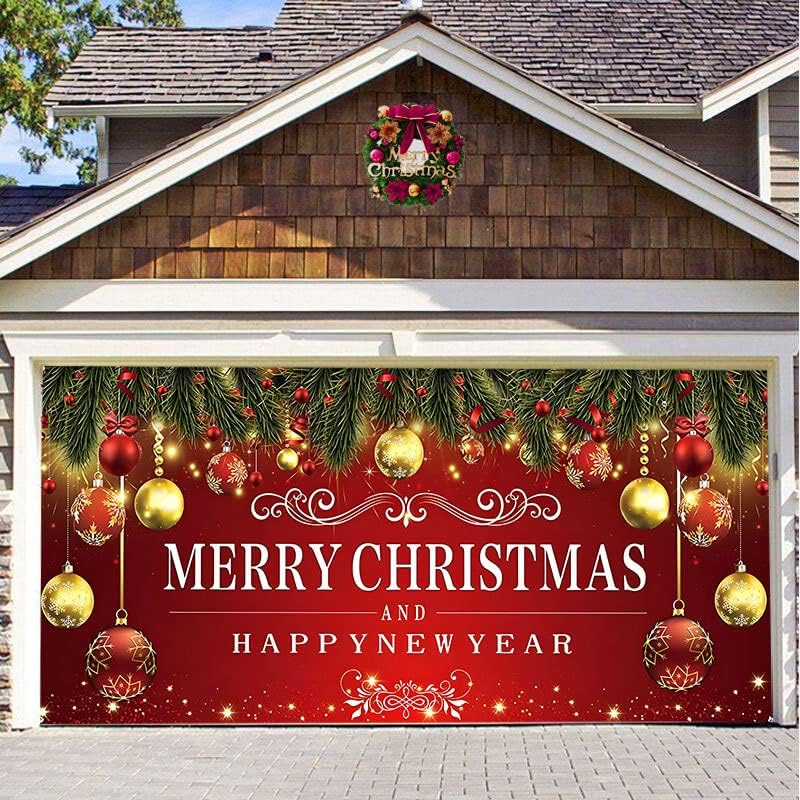 Garage Door Decorations - 7' H × 16' W Garage Door Banner Large Gold and Red Balls Merry Christmas Garage Door Decoration Door Cover Hanging Banners for Room Window Outdoor Indoor (Happy door)
