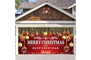 YUNSUELO 7' H × 16' W Garage Door Banner Large Gold and Red Balls Merry Christmas Garage Door Decoration Door Cover Hanging Banners for Room Window Outdoor Indoor (Happy door)