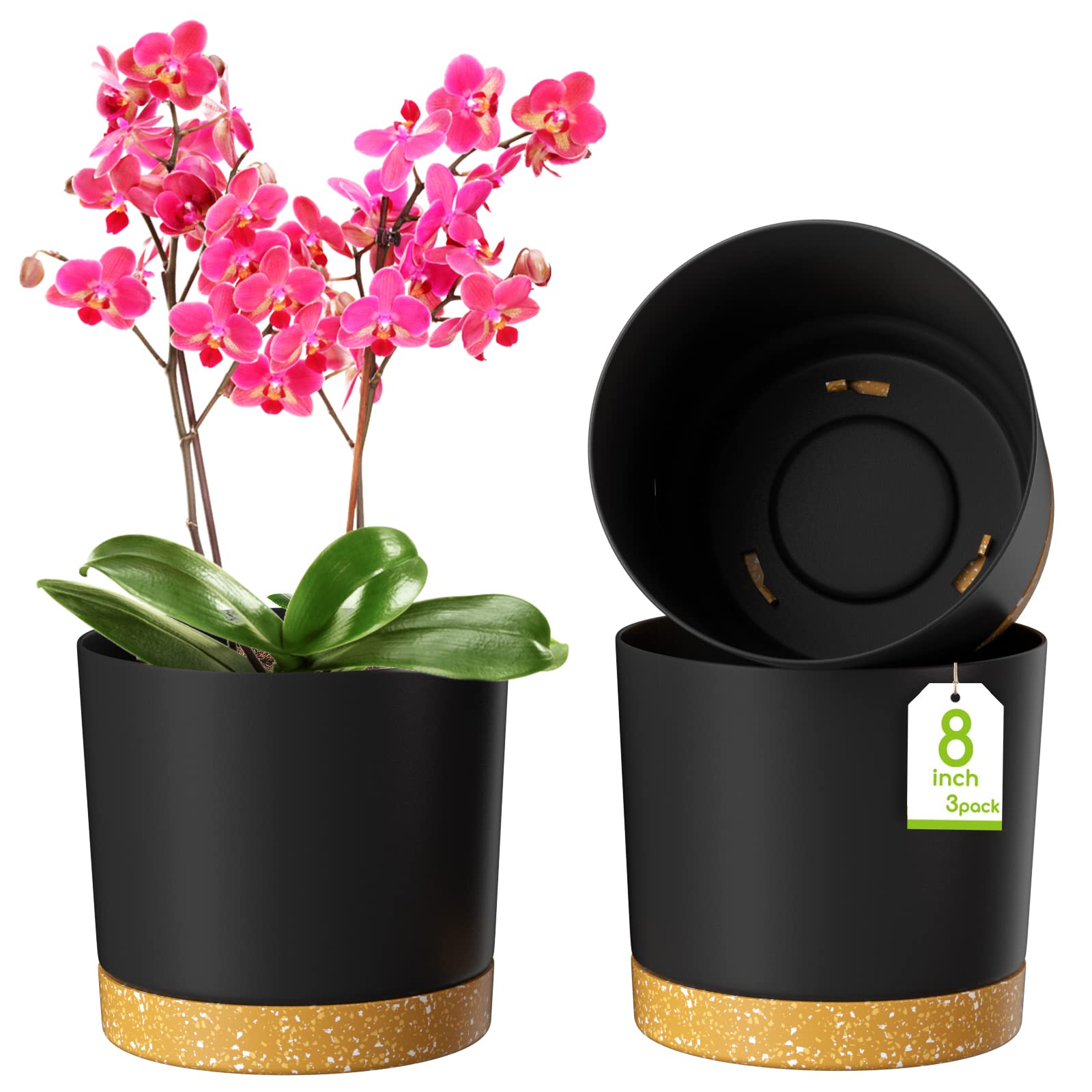 ZMTECH 20cm Plant Pots, Modern Planters with Drainage Holes and Detachable Saucer, Plastic Flower Pots for Plants for House Garden Windowsill (Set of 3, Dark Grey)