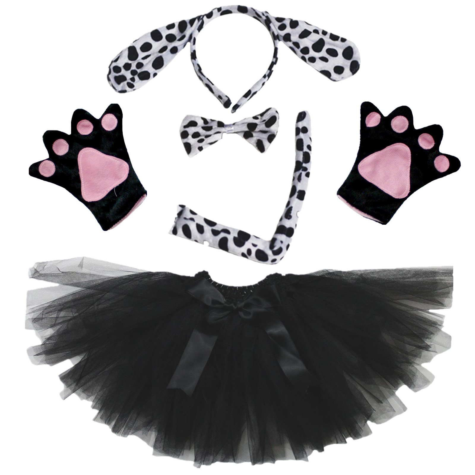 Petitebelle Dalmatians Headband Bowtie Tail Gloves Black Tutu 5pc Lady Costume (One Size)