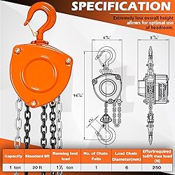 YATOINTO Chain Hoist 1 Ton(2200 Lbs) Capacity 20 FT