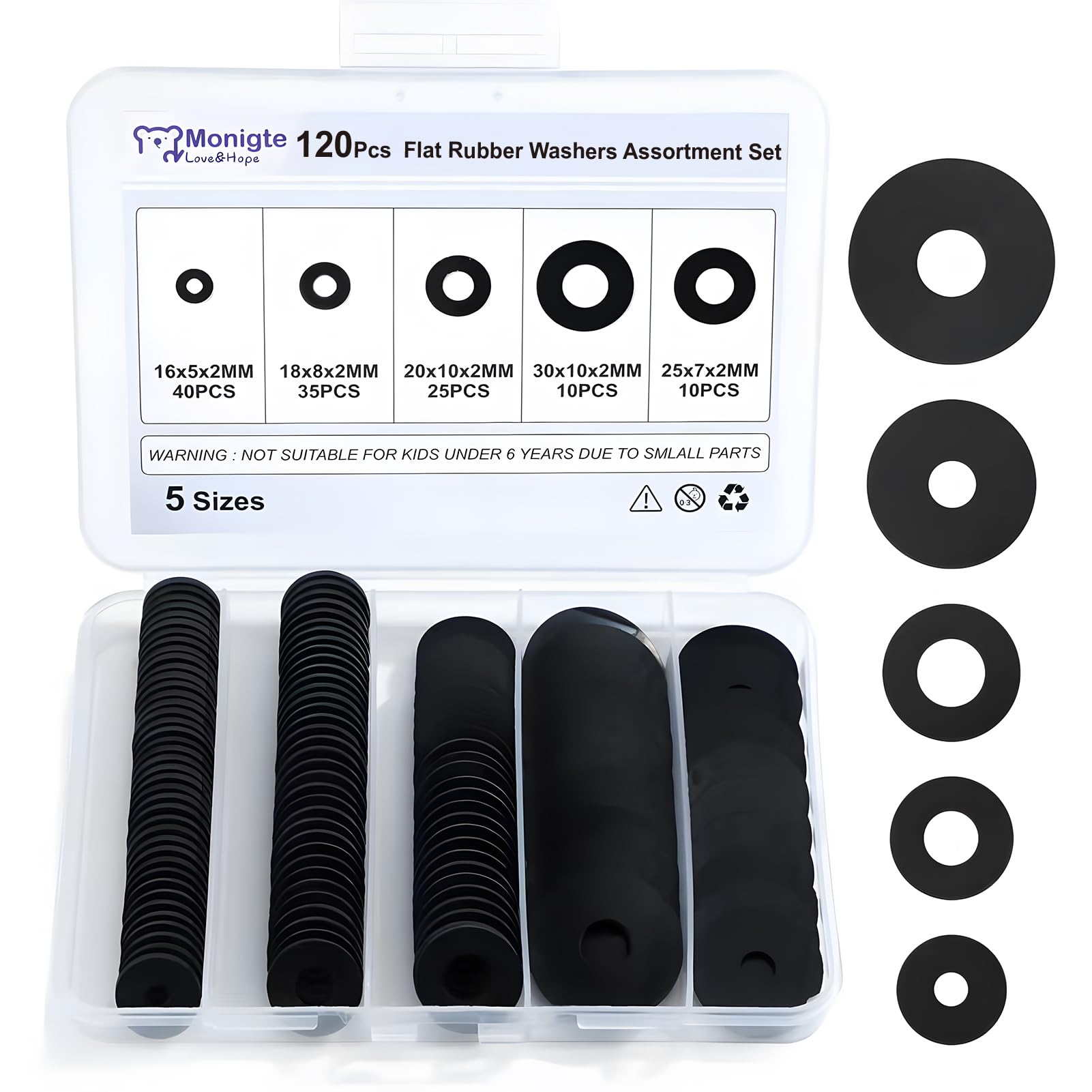 Photo 1 of 120Pcs Flat Rubber Washers Assortment Kit,16/18/20/25/30mm Black Washer,Vibration Absorbing Pads Sealing Rubber Washers for Faucets Garden Bolts Screws Hose Plumbing Shower Head- 5 Sizes
