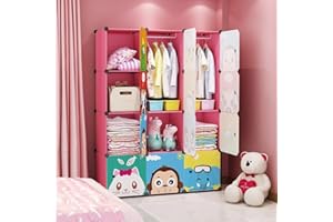 MAGINELS Children Wardrobe Kid Dresser Cute Baby Portable Closet Bedroom Armoire Clothes Hanging Storage Rack Cube Organizer,(Pink, 8 Cube & 2 Rod)