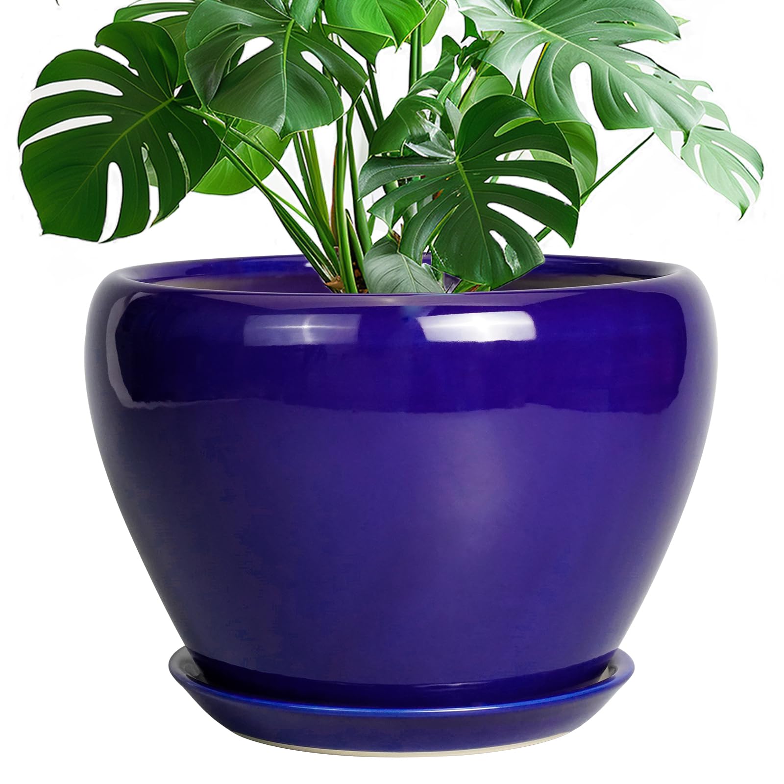 Ceramicfor Ceramic Planter 10 Inch - Indoor Plant Pot for Plants with Drainage Hole and Saucer Large Planter Round Outdoor Flower Pot Mid-Century for House Patio Decor Blue Image
