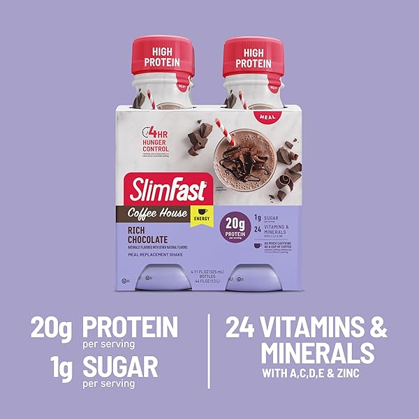 SLIMFAST ADVANCED ENERGY HIGH PROTEIN MEAL REPLACEMENT SHAKE, RICH CHOCOLATE, 20G OF READY TO DRINK PROTEIN WITH CAFFEINE, 11 FL. OZ BOTTLE, 4 COUNT (PACK OF 3) (PACKAGING MAY VARY)